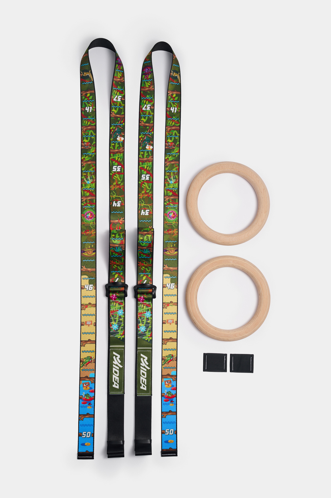 Kółka gimnastyczne drewniane bukowe 32mm klamry Alpin wzór Jungle MTidea